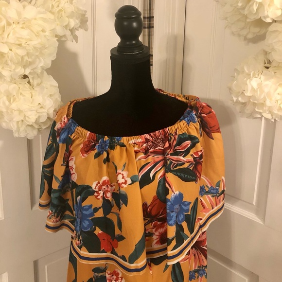 Yellow Floral Print JUMPSUIT Off-the-Shoulder NWT - Picture 8 of 9